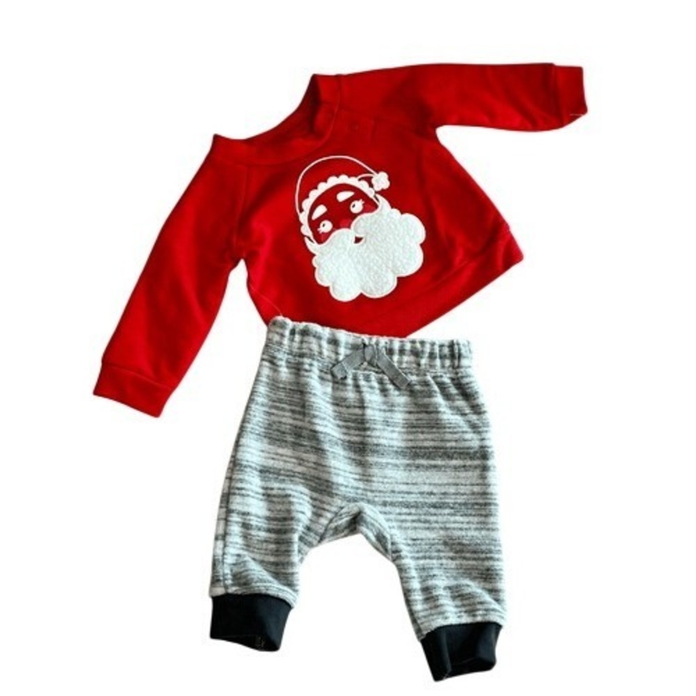 Cat & Jack 2pc Pants‎ Outfit Red Santa Sweatshirt Terry Velour Newborn Holiday